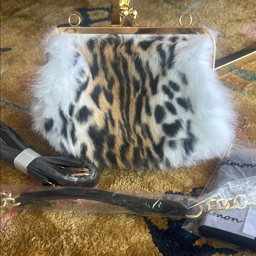 New Chelmon Leopard Print Fur Purse with Coin Purse Crossbody Strap